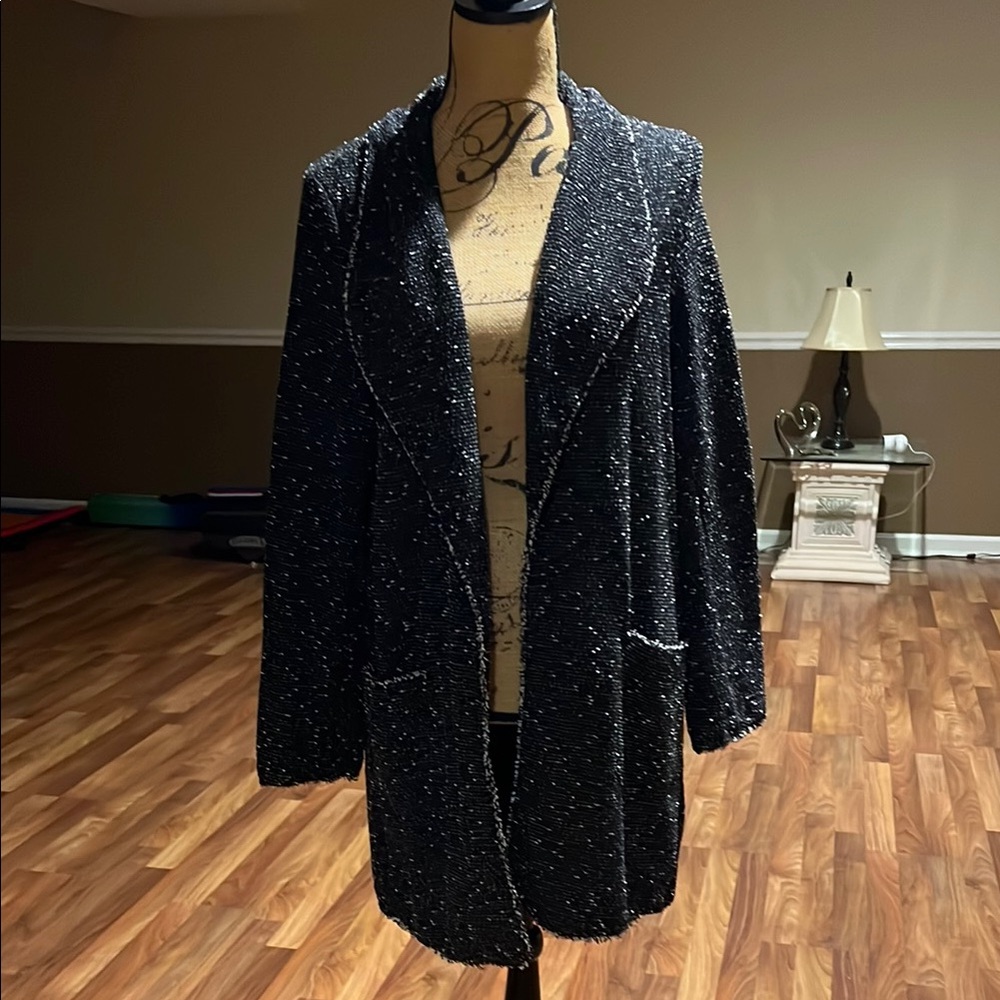 Max Studio size L black open front cardigan with white specs throughout - Picture 1 of 4